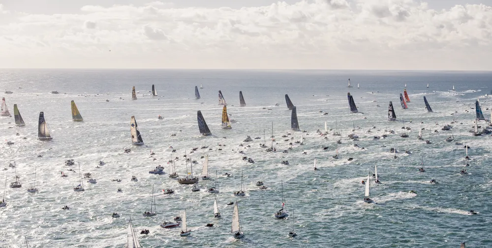 Aerial illustration of start of the Vendee Globe, in Les Sables d'Olonne, France, on November 6th, 2016 - Photo Vincent Curutchet / DPPI / Vendée GlobeVue aérienne du départ du Vendée Globe, aux Sables d'Olonne, le 6 Novembre 2016 - Photo Vincent Curutc