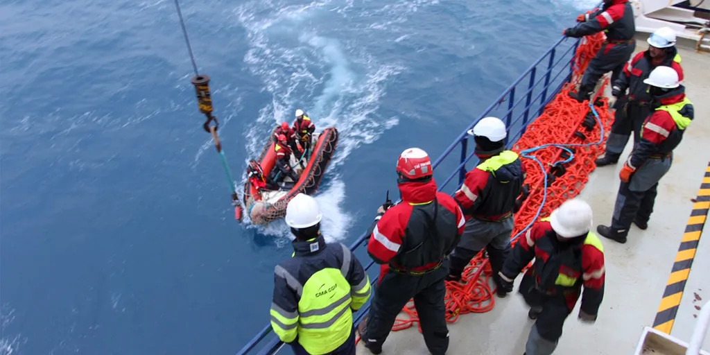 Kito de Pavant (FRA), skipper Bastide Otio, after hitting a UFO (Unknown Floating Object) or OFNI in the Indian Ocean, off Crozet Islands, is rescued by the Marion Dufresne II (TAAF supplying boat) on December 7th, 2016 - Photo Julien Leprince / TAAF Ki