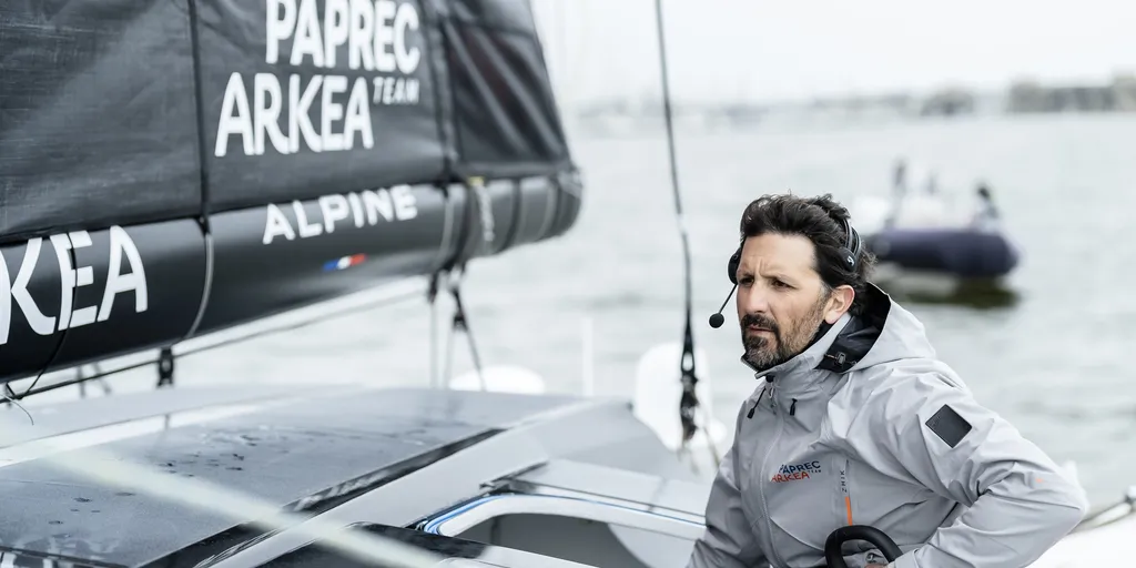 LORIENT, FRANCE - MARCH 15, 2023 : Paprec Arkéa skipper Yoann Richomme (FRA) is pictured on March 15, 2023, off Lorient, France. (Photo by Yann Riou / polaRYSE)