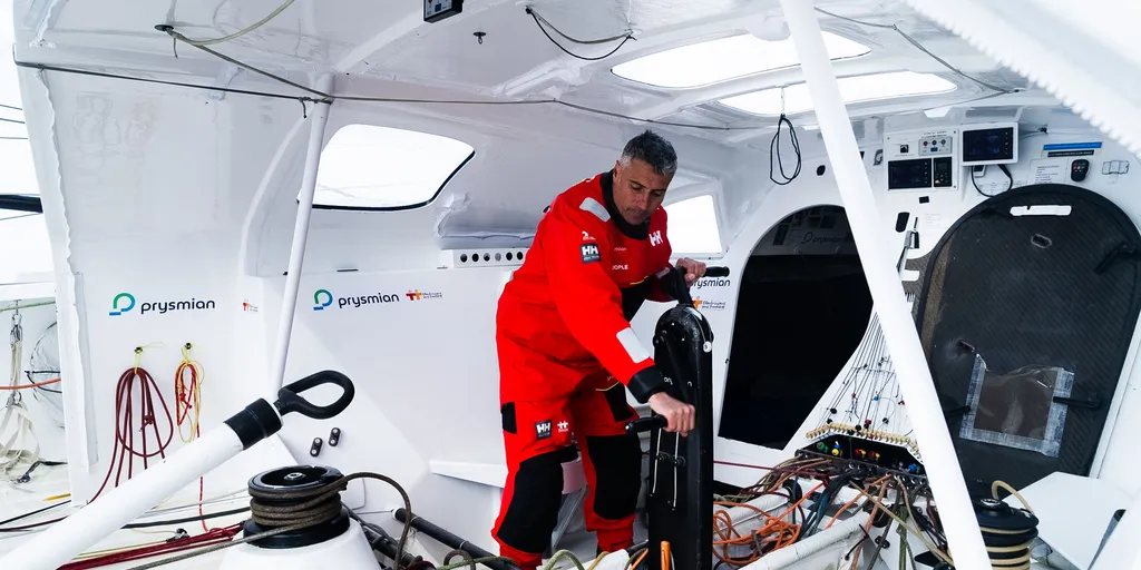 LORIENT, FRANCE - APRIL 16, 2024 : Prysmian skipper Giancarlo Pedote (ITA) is pictured on April 16, 2024, off Lorient, France - Photo by Adrien Nivet / polaRYSE