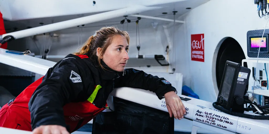 LORIENT, FRANCE - APRIL 16, 2024 : DeVenir skipper Violette Dorange (FRA) is pictured on April 16, 2024 in Lorient, France - Photo by Josselin Didou / Qaptur