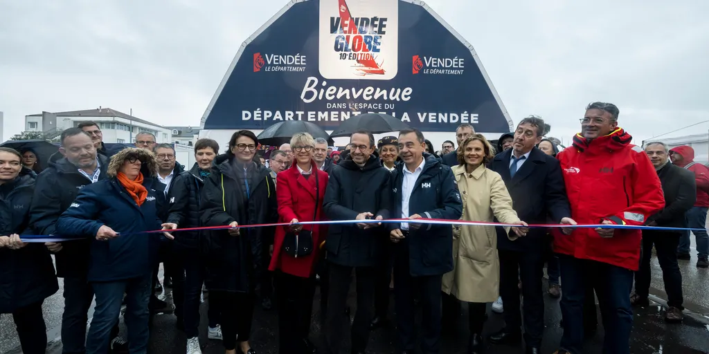 LES SABLES D'OLONNE, FRANCE - OCTOBER 19, 2024: Officials Bruno Retailleau, Ministre de l'Interieur, Alain Leboeuf (President SAEM Vendee), Patricia Brochard (Sodebo President) and Yannick Moreau (Les Sables d'Olonne mayor) are pictured during the inauguration of the village of the Vendee Globe, on October 19, 2024 in Les Sables d'Olonne, France - (Photo by Olivier Blanchet / Alea)