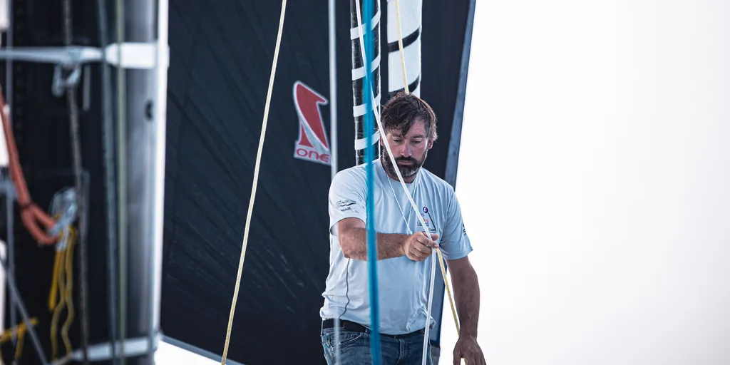 CAEN, FRANCE - SEPTEMBER 3, 2024 : Fives Group - Lantana Environnement skipper Louis Duc (FRA) is pictured on September 3, 2024 off Caen, France - Photo by Armel Vrac