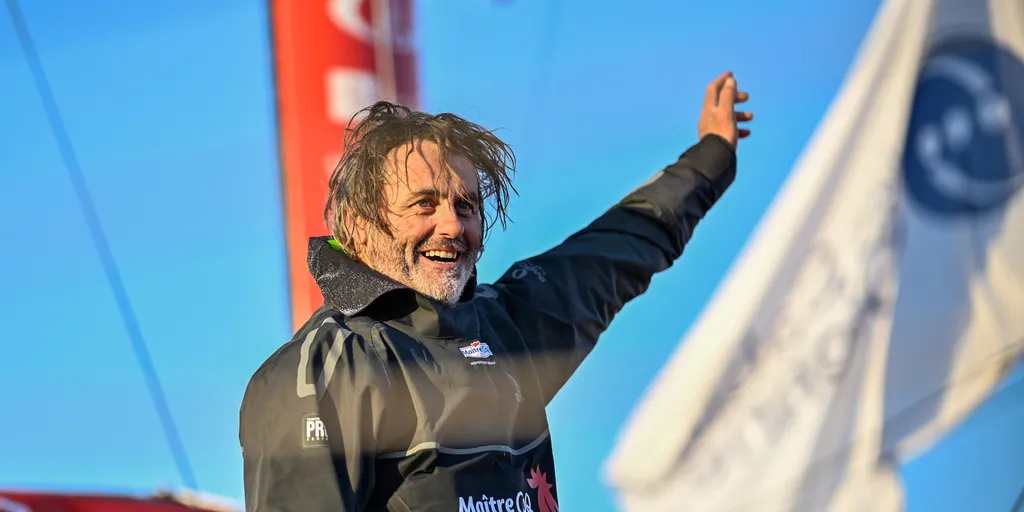 LES SABLES D’OLONNE, FRANCE - FEBRUARY 02, 2025 : Maître CoQ V skipper Yannick Bestaven (FRA) is photographed arriving in Les Sables d'Olonne after retiring from the Vendee Globe, on February 02, 2025 - (Photo by Jean-Louis Carli / Alea)