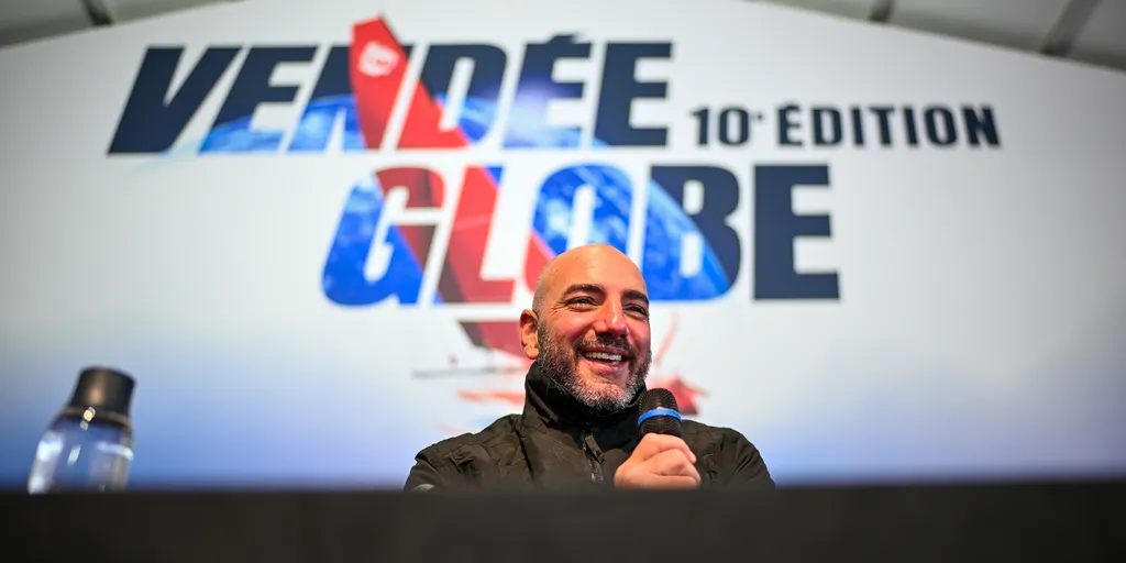 LES SABLES D’OLONNE, FRANCE - FEBRUARY 03, 2025 : Groupe APICIL skipper Damien Seguin (FRA) is photographed during his press conference after taking 15th place in the Vendee Globe, on February 03, 2025 in Les Sables d'Olonne, France - (Photo by Jean-Louis Carli / Alea)