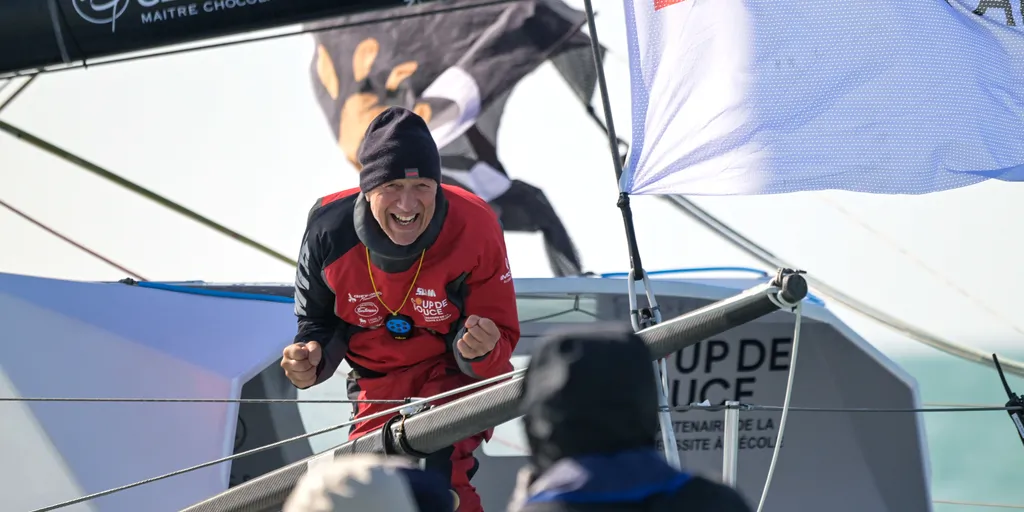 LES SABLES D’OLONNE, FRANCE - MARCH 01, 2025 : Coup de Pouce skipper Manuel Cousin (FRA) is photographe, taking 31st place in the Vendee Globe, on March 01, 2025 in Les Sables d'Olonne, France - (Photo by Olivier Blanchet / Alea)