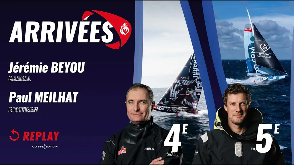 Remontée de chenal de Jérémie Beyou 4e et de Paul Meilhat 5e du Vendée Globe 2024