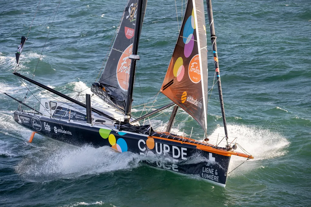 LES SABLES D’OLONNE, FRANCE - OCTOBER 8, 2024 : Coup de Pouce skipper Manuel Cousin (FRA) is pictured training on October 8, 2024 off Les Sables d'Olonne, France - Photo by Christophe Breschi