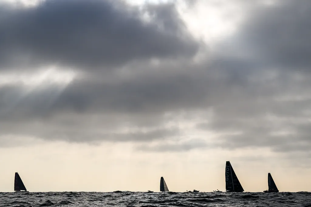 LES SABLES D'OLONNE, FRANCE - NOVEMBER 10, 2024: The 40 IMOCA competitors are photographed at the start line of the 10th edition Vendee Globe, on 10 November, 2024 in Les Sables d'Olonne, France. (Photo by Jean-Louis Carli / Alea)