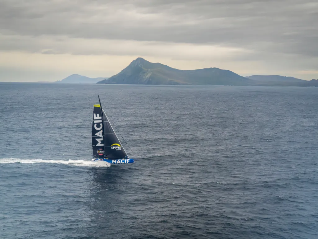 RACE, DECEMBER 24, 2024 : MACIF Santé Prévoyance skipper Charlie Dalin (FRA) is photographed rounding Cape Horn in second place during the Vendee Globe sailing race on December 24, 2024. (Photo by Vendee Globe)