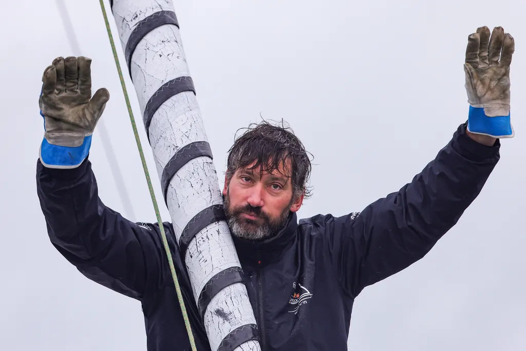 LES SABLES D’OLONNE, FRANCE - FEBRUARY 09, 2025 : Fives Group - Lantana Environnement skipper Louis Duc (FRA) is photographed in the channel after taking 26th place in the Vendee Globe, on February 09, 2025 in Les Sables d'Olonne, France - (Photo by Jean-Marie Liot / Alea)