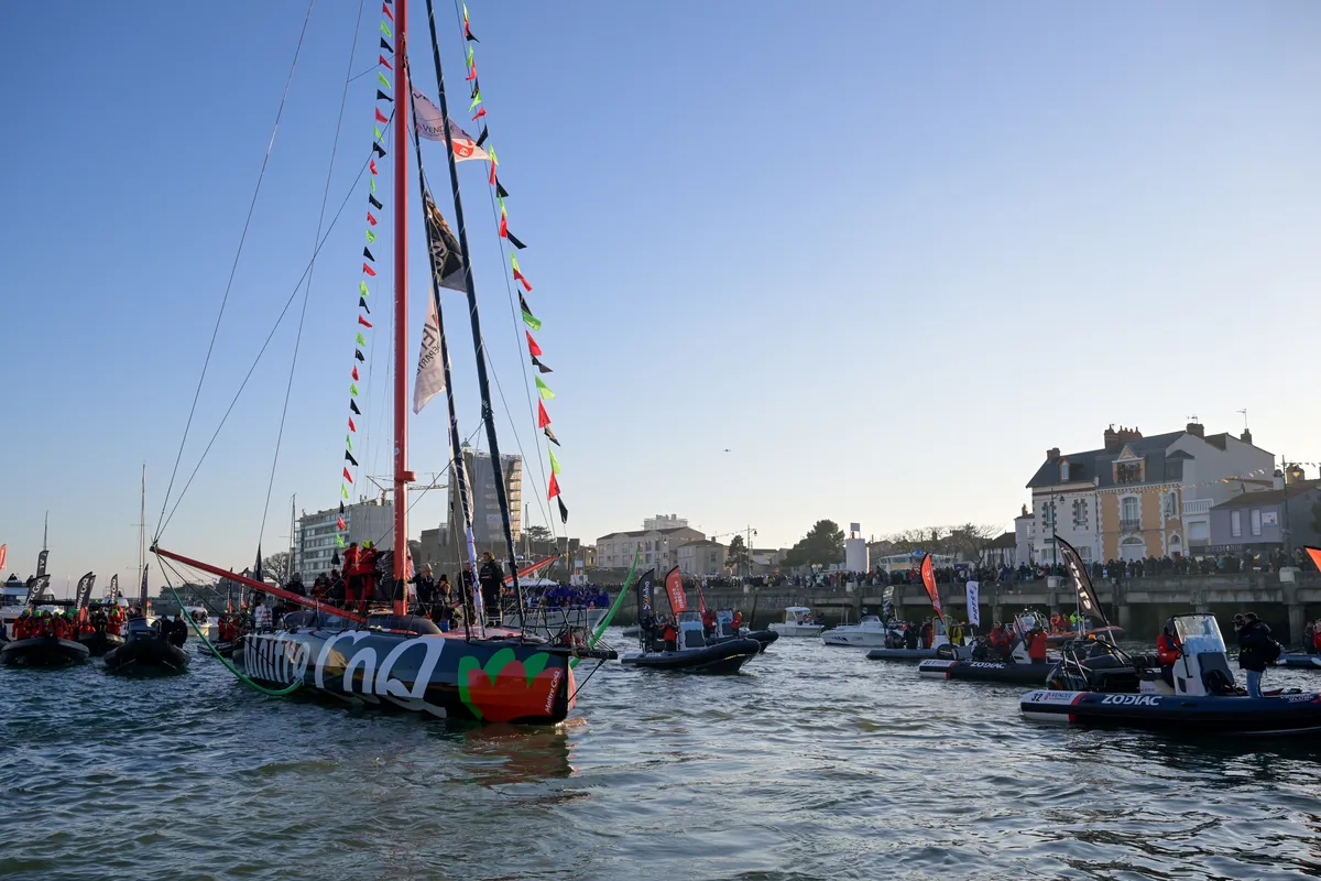 LES SABLES D’OLONNE, FRANCE - FEBRUARY 02, 2025 : Maître CoQ V skipper Yannick Bestaven (FRA) is photographed arriving in Les Sables d'Olonne after retiring from the Vendee Globe, on February 02, 2025 - (Photo by Olivier Blanchet / Alea)