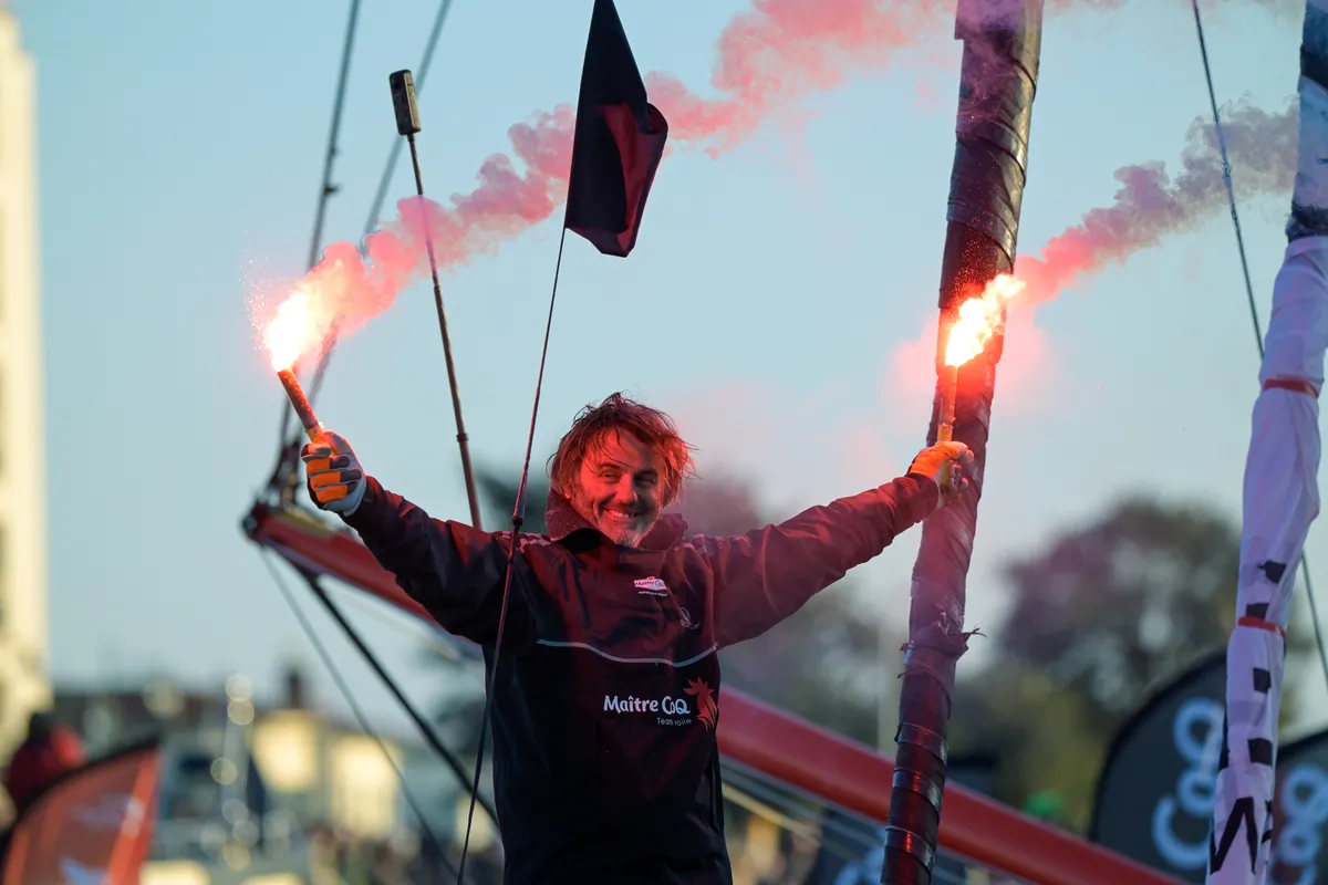 LES SABLES D’OLONNE, FRANCE - FEBRUARY 02, 2025 : Maître CoQ V skipper Yannick Bestaven (FRA) is photographed arriving in Les Sables d'Olonne after retiring from the Vendee Globe, on February 02, 2025 - (Photo by Olivier Blanchet / Alea)