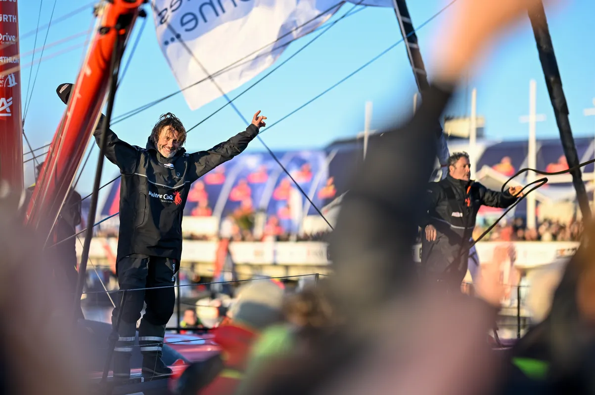 LES SABLES D’OLONNE, FRANCE - FEBRUARY 02, 2025 : Maître CoQ V skipper Yannick Bestaven (FRA) is photographed arriving in Les Sables d'Olonne after retiring from the Vendee Globe, on February 02, 2025 - (Photo by Jean-Louis Carli / Alea)