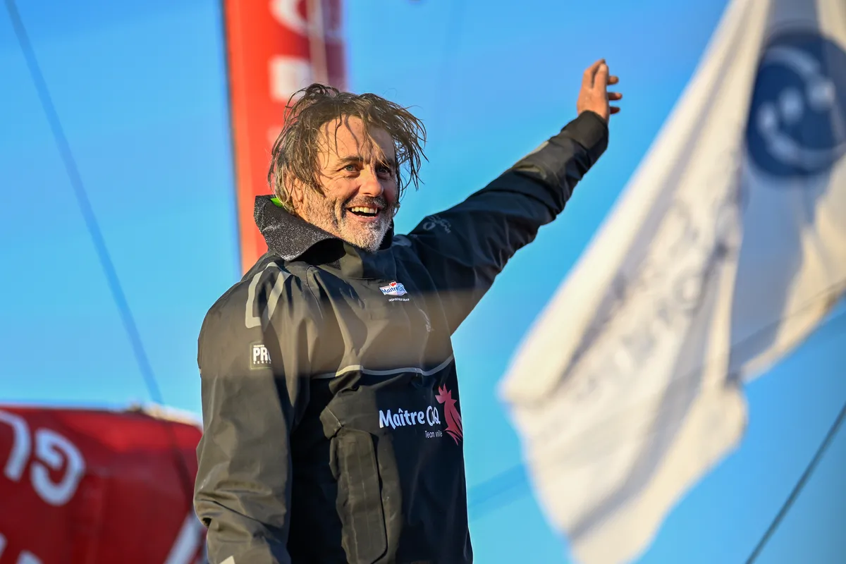 LES SABLES D’OLONNE, FRANCE - FEBRUARY 02, 2025 : Maître CoQ V skipper Yannick Bestaven (FRA) is photographed arriving in Les Sables d'Olonne after retiring from the Vendee Globe, on February 02, 2025 - (Photo by Jean-Louis Carli / Alea)