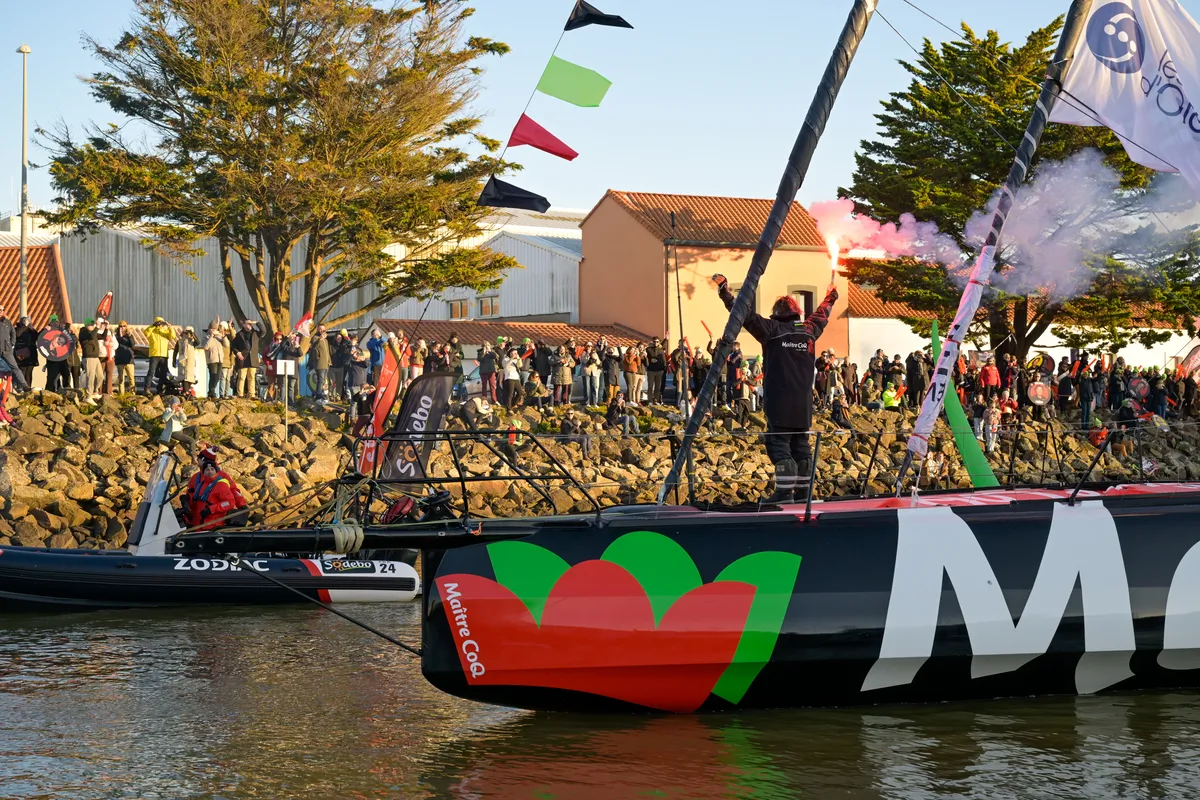 LES SABLES D’OLONNE, FRANCE - FEBRUARY 02, 2025 : Maître CoQ V skipper Yannick Bestaven (FRA) is photographed arriving in Les Sables d'Olonne after retiring from the Vendee Globe, on February 02, 2025 - (Photo by Olivier Blanchet / Alea)