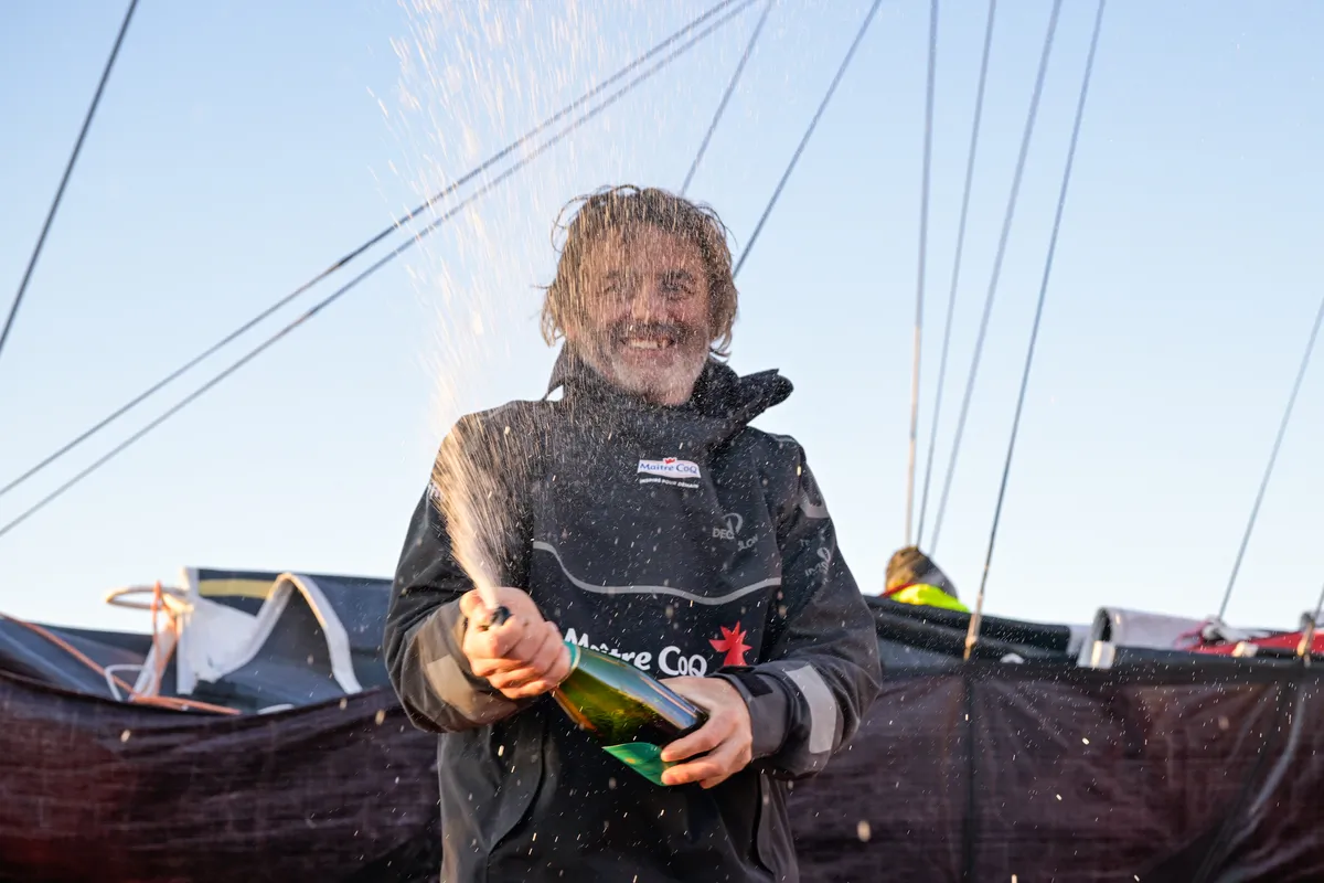LES SABLES D’OLONNE, FRANCE - FEBRUARY 02, 2025 : Maître CoQ V skipper Yannick Bestaven (FRA) is photographed arriving in Les Sables d'Olonne after retiring from the Vendee Globe, on February 02, 2025 - (Photo by Olivier Blanchet / Alea)