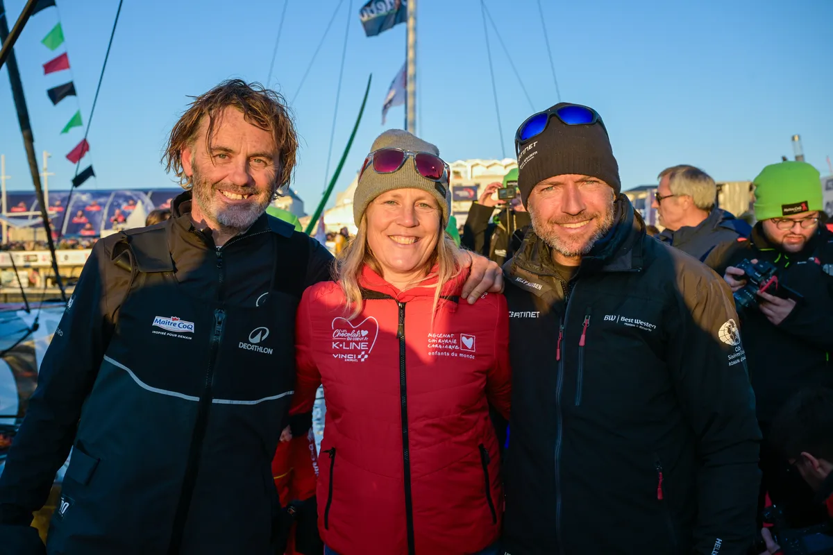 LES SABLES D’OLONNE, FRANCE - FEBRUARY 02, 2025 : Maître CoQ V skipper Yannick Bestaven (FRA) is photographed with Initiatives-Coeur skipper Sam Davies (GBR) and Fortinet - Best Western skipper Romain Attanasio (FRA), arriving in Les Sables d'Olonne after retiring from the Vendee Globe, on February 02, 2025 - (Photo by Olivier Blanchet / Alea)