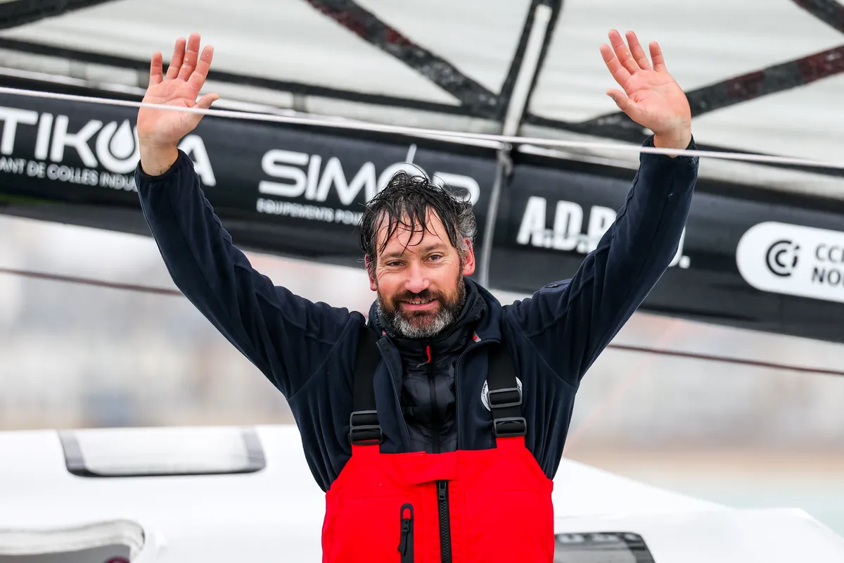 LES SABLES D’OLONNE, FRANCE - FEBRUARY 09, 2025 : Fives Group - Lantana Environnement skipper Louis Duc (FRA) is photographed after taking 26th place in the Vendee Globe, on February 09, 2025 in Les Sables d'Olonne, France - (Photo by Jean-Marie Liot / Alea)