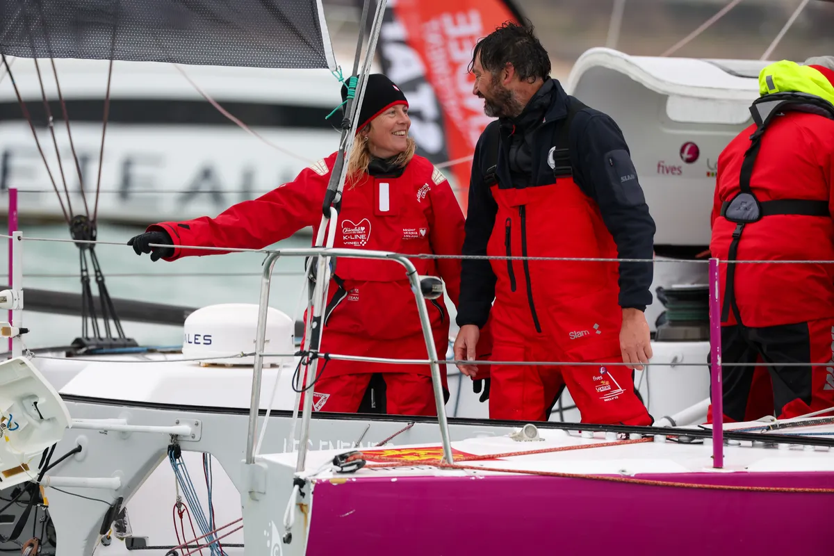 LES SABLES D’OLONNE, FRANCE - FEBRUARY 09, 2025 : Fives Group - Lantana Environnement skipper Louis Duc (FRA) is photographed with skipper Sam Davies after taking 26th place in the Vendee Globe, on February 09, 2025 in Les Sables d'Olonne, France - (Photo by Jean-Marie Liot / Alea)