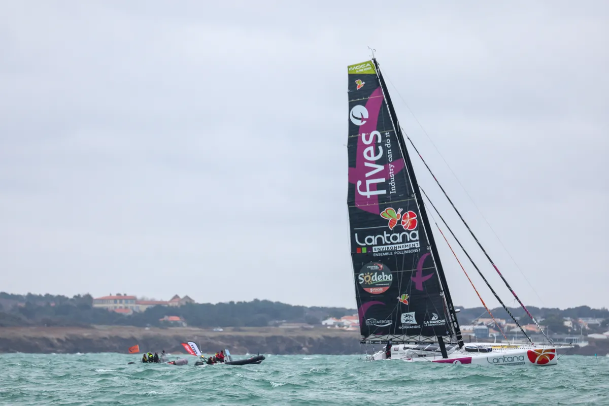 LES SABLES D’OLONNE, FRANCE - FEBRUARY 09, 2025 : Fives Group - Lantana Environnement skipper Louis Duc (FRA) is photographed after taking 26th place in the Vendee Globe, on February 09, 2025 in Les Sables d'Olonne, France - (Photo by Jean-Marie Liot / Alea)