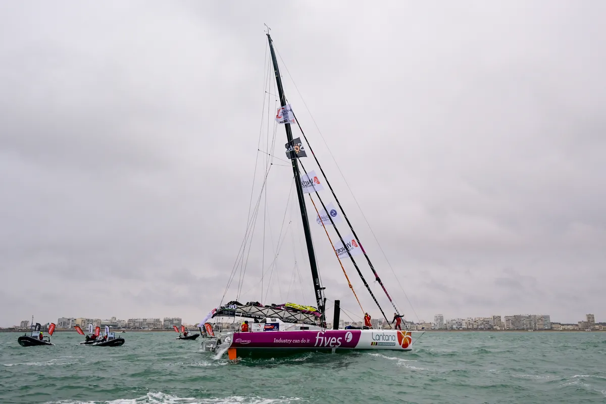 LES SABLES D’OLONNE, FRANCE - FEBRUARY 09, 2025 : Fives Group - Lantana Environnement skipper Louis Duc (FRA) is photographed after taking 26th place in the Vendee Globe, on February 09, 2025 in Les Sables d'Olonne, France - (Photo by Olivier Blanchet / Alea)