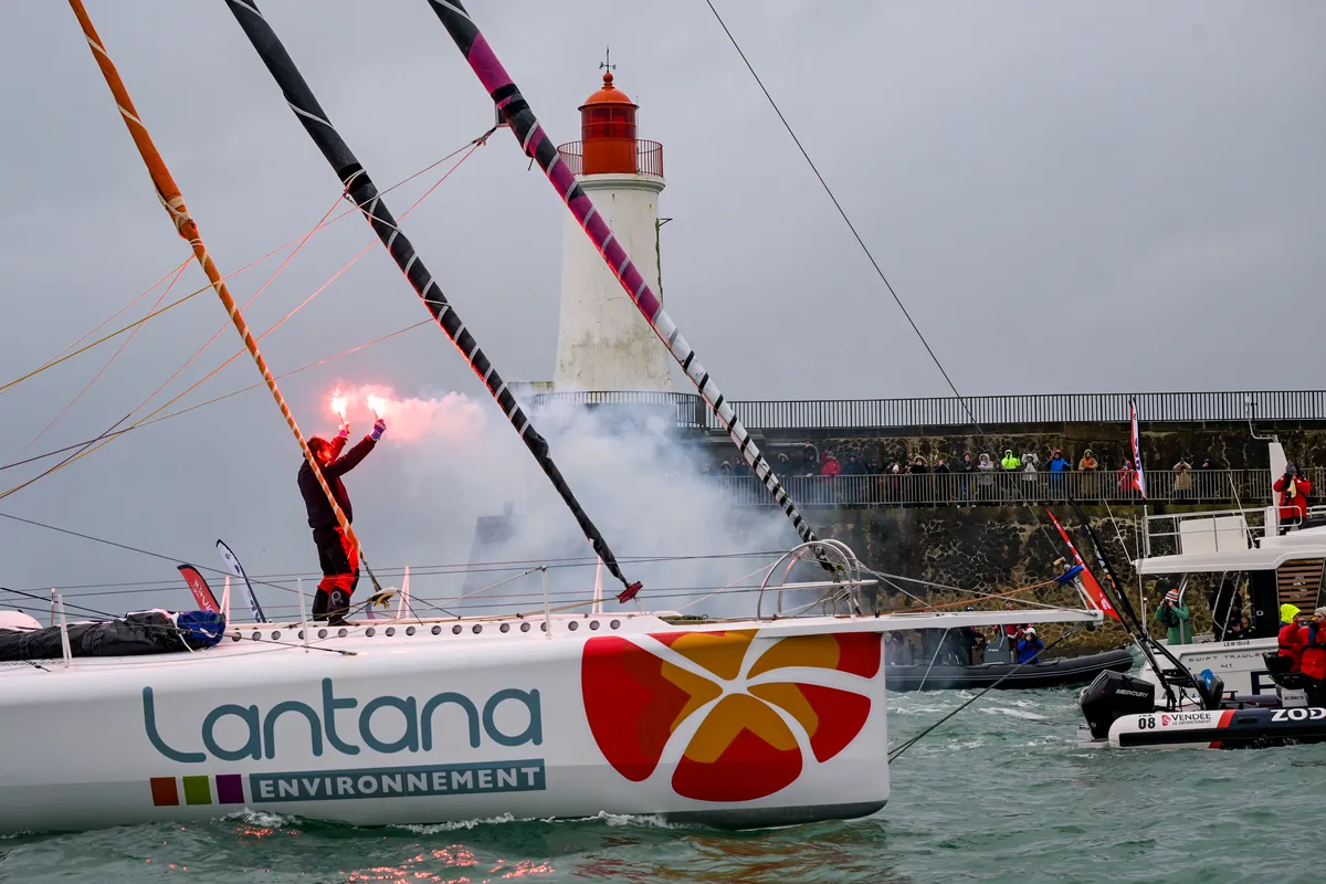 LES SABLES D’OLONNE, FRANCE - FEBRUARY 09, 2025 : Fives Group - Lantana Environnement skipper Louis Duc (FRA) is photographed in the channel after taking 26th place in the Vendee Globe, on February 09, 2025 in Les Sables d'Olonne, France - (Photo by Olivier Blanchet / Alea)