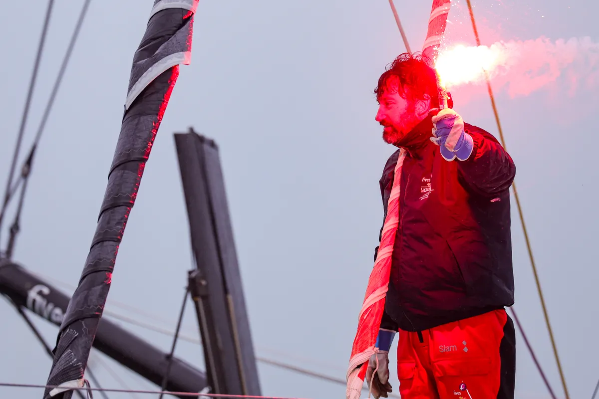 LES SABLES D’OLONNE, FRANCE - FEBRUARY 09, 2025 : Fives Group - Lantana Environnement skipper Louis Duc (FRA) is photographed in the channel after taking 26th place in the Vendee Globe, on February 09, 2025 in Les Sables d'Olonne, France - (Photo by Jean-Marie Liot / Alea)