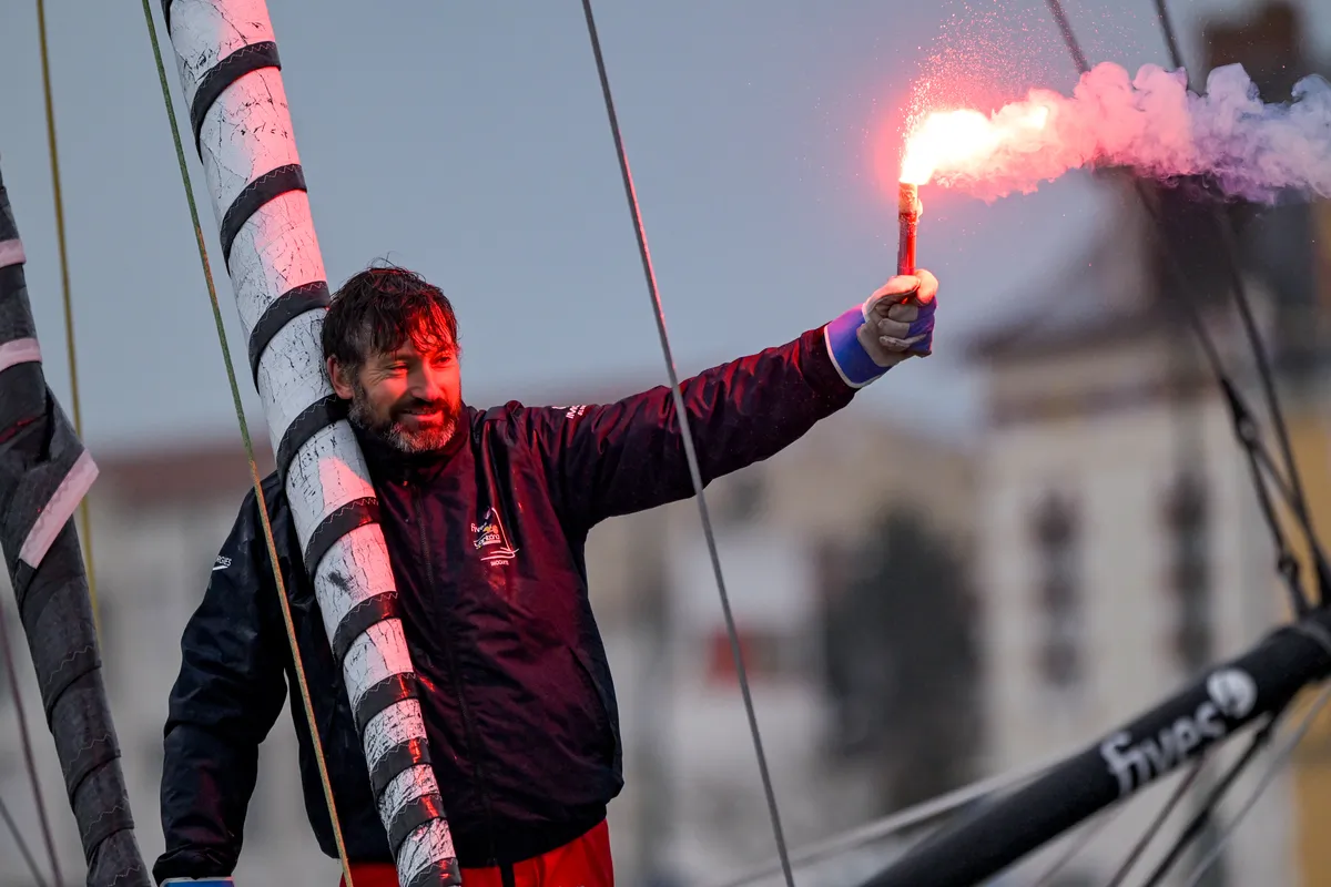 LES SABLES D’OLONNE, FRANCE - FEBRUARY 09, 2025 : Fives Group - Lantana Environnement skipper Louis Duc (FRA) is photographed in the channel after taking 26th place in the Vendee Globe, on February 09, 2025 in Les Sables d'Olonne, France - (Photo by Olivier Blanchet / Alea)