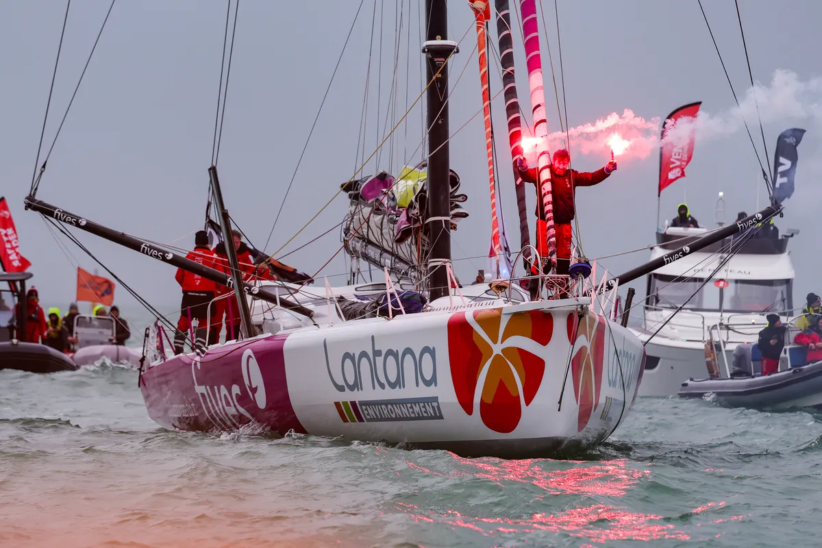 LES SABLES D’OLONNE, FRANCE - FEBRUARY 09, 2025 : Fives Group - Lantana Environnement skipper Louis Duc (FRA) is photographed in the channel after taking 26th place in the Vendee Globe, on February 09, 2025 in Les Sables d'Olonne, France - (Photo by Jean-Marie Liot / Alea)