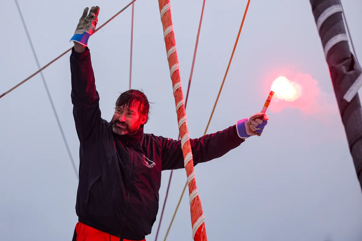 LES SABLES D’OLONNE, FRANCE - FEBRUARY 09, 2025 : Fives Group - Lantana Environnement skipper Louis Duc (FRA) is photographed in the channel after taking 26th place in the Vendee Globe, on February 09, 2025 in Les Sables d'Olonne, France - (Photo by Jean-Marie Liot / Alea)