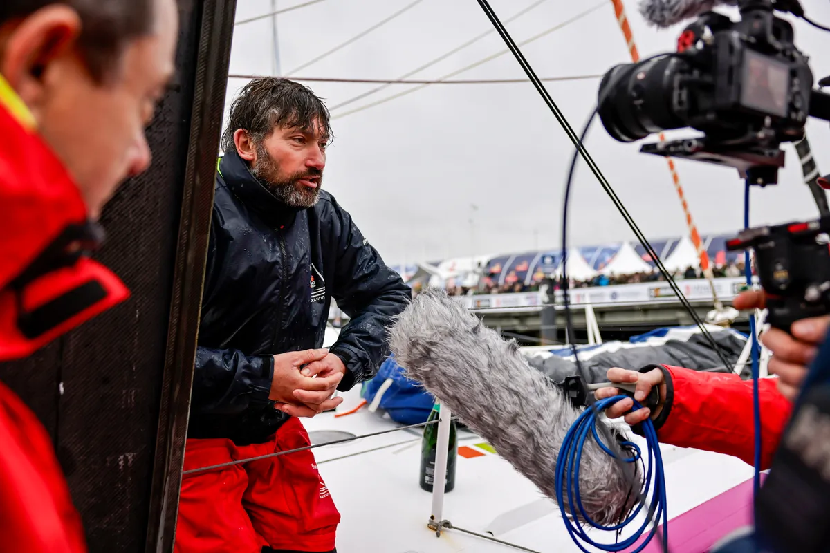 LES SABLES D’OLONNE, FRANCE - FEBRUARY 09, 2025 : Fives Group - Lantana Environnement skipper Louis Duc (FRA) is photographed in the channel after taking 26th place in the Vendee Globe, on February 09, 2025 in Les Sables d'Olonne, France - (Photo by Anne Beauge / Alea)