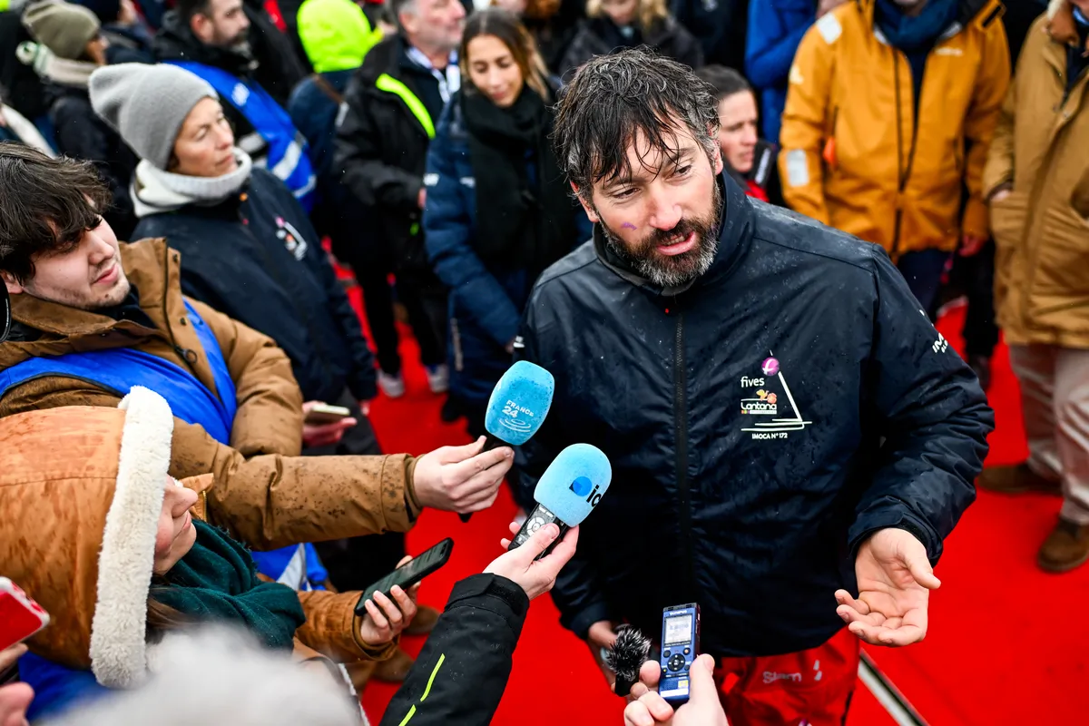 LES SABLES D’OLONNE, FRANCE - FEBRUARY 09, 2025 : Fives Group - Lantana Environnement skipper Louis Duc (FRA) is photographed in the channel after taking 26th place in the Vendee Globe, on February 09, 2025 in Les Sables d'Olonne, France - (Photo by Jean-Louis Carli / Alea)