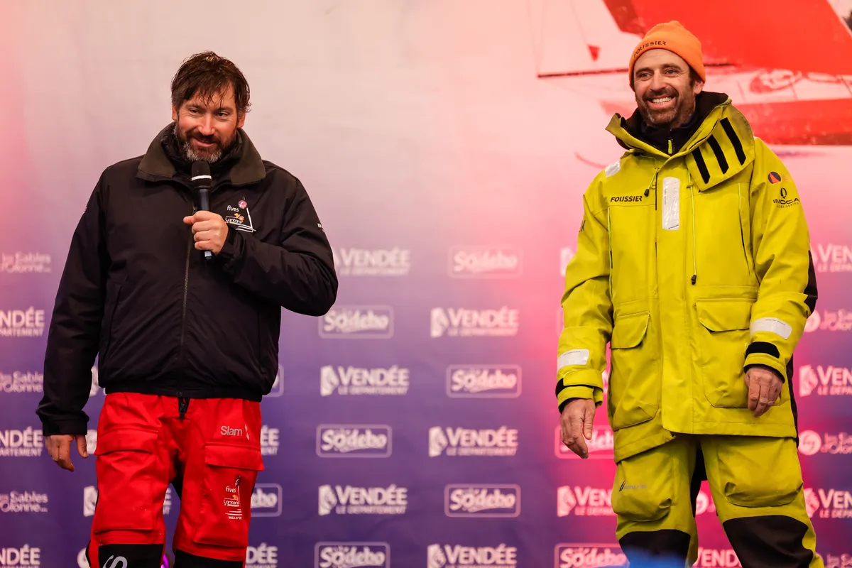 LES SABLES D’OLONNE, FRANCE - FEBRUARY 09, 2025 : Fives Group - Lantana Environnement skipper Louis Duc (FRA) and FOUSSIER skipper Sébastien Marsset (FRA) are photographed onstage after taking 26th & 27th place in the Vendee Globe, on February 09, 2025 in Les Sables d'Olonne, France - (Photo by Anne Beauge / Alea)