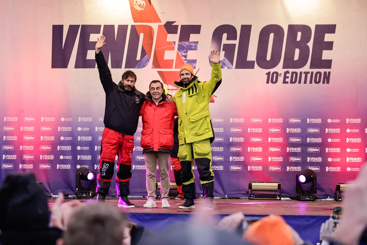 LES SABLES D’OLONNE, FRANCE - FEBRUARY 09, 2025 : Fives Group - Lantana Environnement skipper Louis Duc (FRA) and FOUSSIER skipper Sébastien Marsset (FRA) are photographed onstage after taking 26th & 27th place in the Vendee Globe, on February 09, 2025 in Les Sables d'Olonne, France - (Photo by Anne Beauge / Alea)