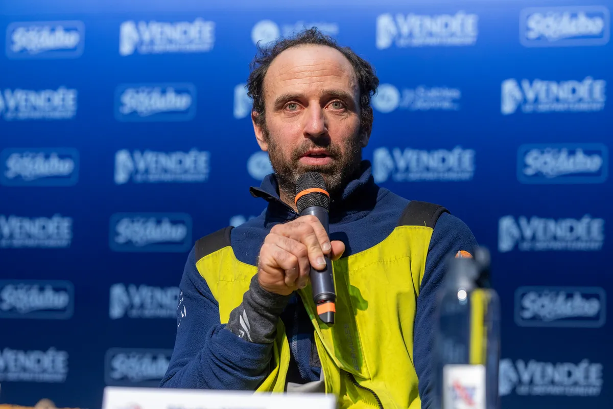 LES SABLES D’OLONNE, FRANCE - FEBRUARY 09, 2025 : Fives Group - Lantana Environnement skipper Louis Duc (FRA) and FOUSSIER skipper Sébastien Marsset (FRA) are photographed during their press conference after taking 26th and 27th place in the Vendee Globe, on February 09, 2025 in Les Sables d'Olonne, France - (Photo by Jean-Marie LIOT / Alea)