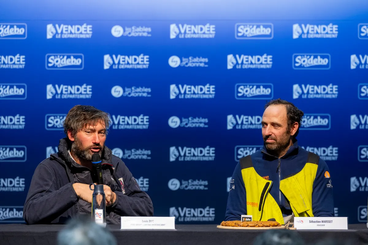 LES SABLES D’OLONNE, FRANCE - FEBRUARY 09, 2025 : Fives Group - Lantana Environnement skipper Louis Duc (FRA) and FOUSSIER skipper Sébastien Marsset (FRA) are photographed during their press conference after taking 26th and 27th place in the Vendee Globe, on February 09, 2025 in Les Sables d'Olonne, France - (Photo by Jean-Marie LIOT / Alea)