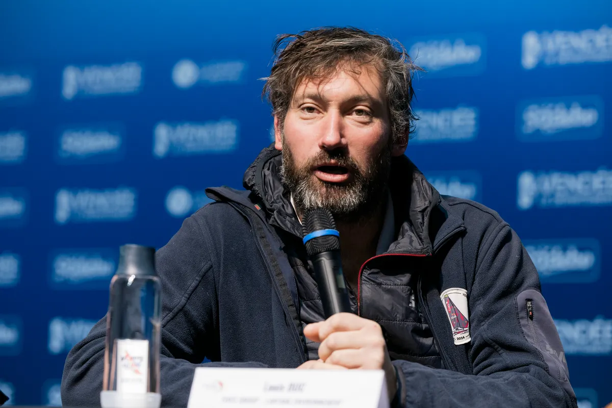LES SABLES D’OLONNE, FRANCE - FEBRUARY 09, 2025 : Fives Group - Lantana Environnement skipper Louis Duc (FRA) and FOUSSIER skipper Sébastien Marsset (FRA) are photographed during their press conference after taking 26th and 27th place in the Vendee Globe, on February 09, 2025 in Les Sables d'Olonne, France - (Photo by Jean-Marie LIOT / Alea)