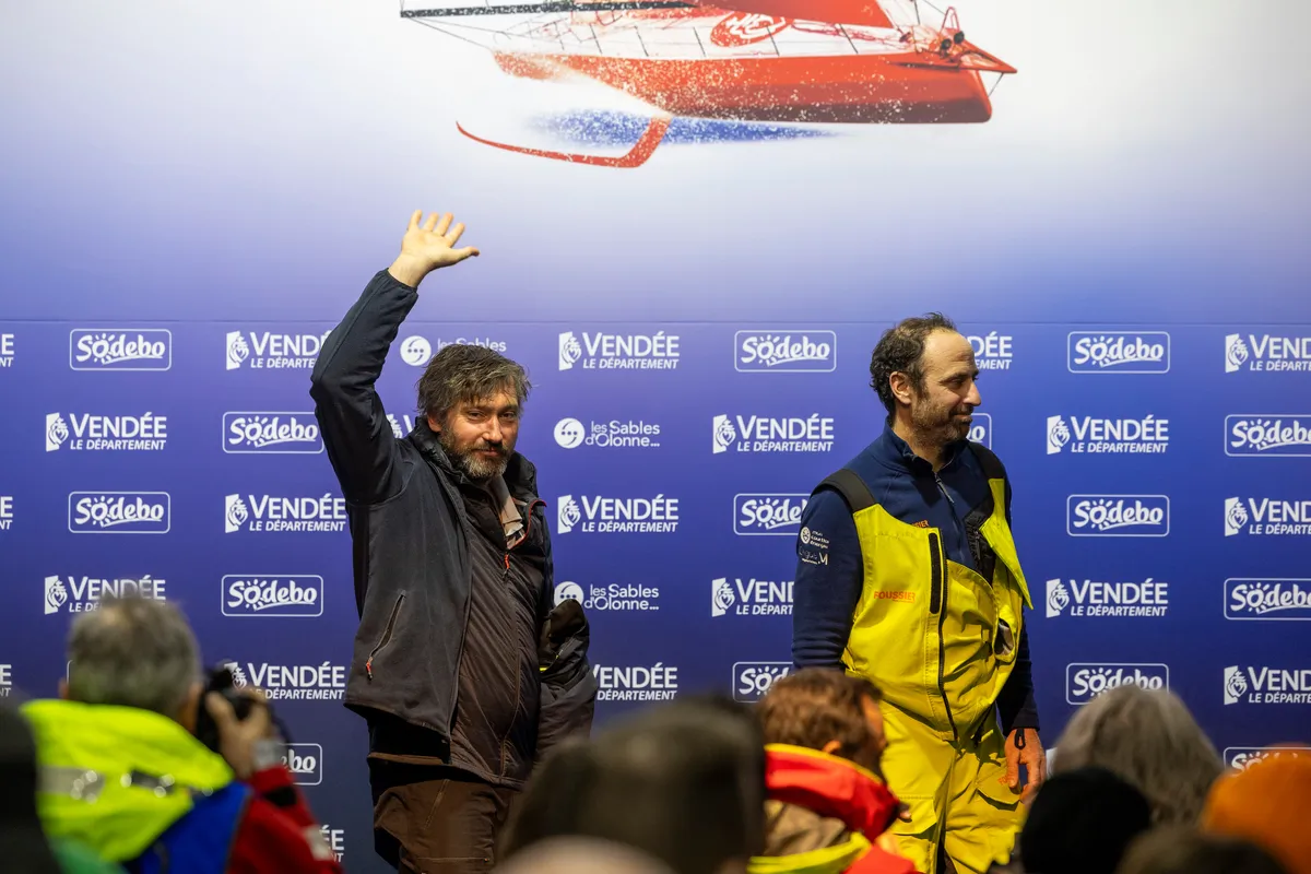 LES SABLES D’OLONNE, FRANCE - FEBRUARY 09, 2025 : Fives Group - Lantana Environnement skipper Louis Duc (FRA) and FOUSSIER skipper Sébastien Marsset (FRA) are photographed during their press conference after taking 26th and 27th place in the Vendee Globe, on February 09, 2025 in Les Sables d'Olonne, France - (Photo by Jean-Marie LIOT / Alea)