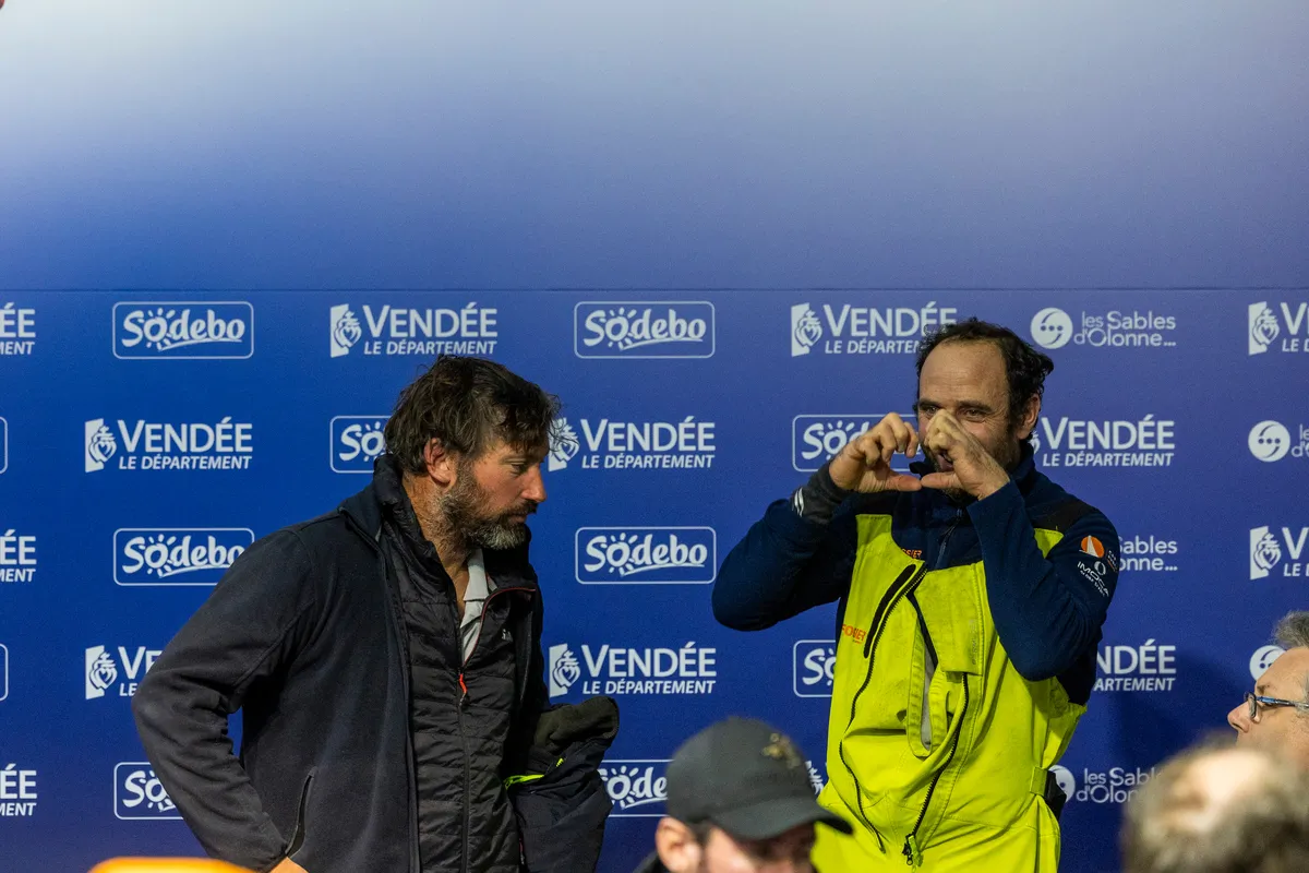 LES SABLES D’OLONNE, FRANCE - FEBRUARY 09, 2025 : Fives Group - Lantana Environnement skipper Louis Duc (FRA) and FOUSSIER skipper Sébastien Marsset (FRA) are photographed during their press conference after taking 26th and 27th place in the Vendee Globe, on February 09, 2025 in Les Sables d'Olonne, France - (Photo by Jean-Marie LIOT / Alea)