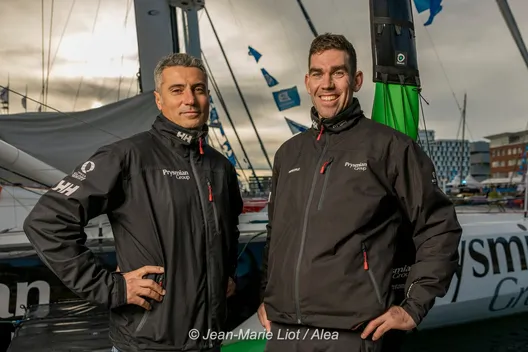 Gaston Morvan et Giancarlo Pedote au départ de la Transat Jacques Vabre 2023