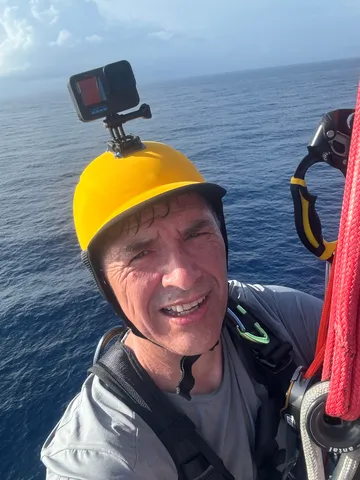 RACE, NOVEMBER 27, 2024 : Photo sent from the boat New Europe during the Vendee Globe sailing race on November 27, 2024. (Photo by skipper Szabolcs Weöres)
Up the mast