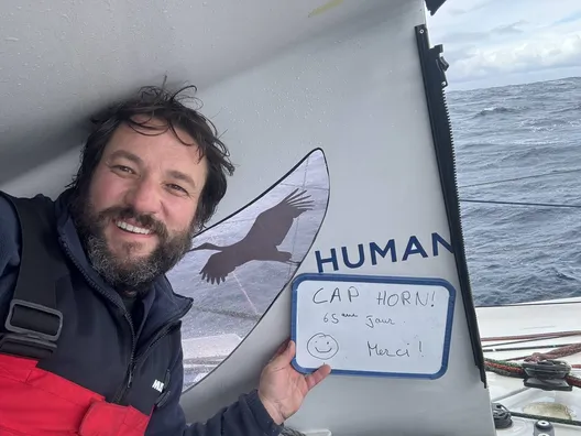 COURSE, 15 JANVIER 2024 : Photo envoyée depuis le bateau HUMAN Immobilier en train de passer le Cap Horn lors de la course à la voile du Vendée Globe le 15 janvier 2024. (Photo du skipper Antoine Cornic)