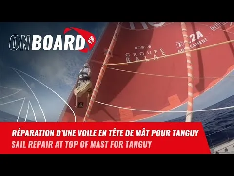 Réparation d'une voile en tête de mât pour Tanguy Le Turquais | Vendée Globe 2024