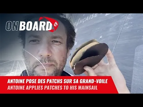 Antoine rebouche les trous dans sa grand-voile | Vendée Globe 2024