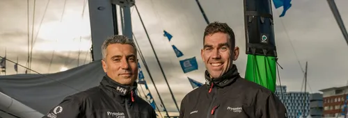 Gaston Morvan et Giancarlo Pedote au départ de la Transat Jacques Vabre 2023