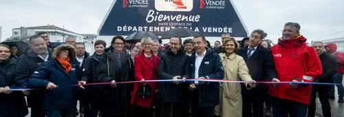 LES SABLES D'OLONNE, FRANCE - OCTOBER 19, 2024: Officials Bruno Retailleau, Ministre de l'Interieur, Alain Leboeuf (President SAEM Vendee), Patricia Brochard (Sodebo President) and Yannick Moreau (Les Sables d'Olonne mayor) are pictured during the inauguration of the village of the Vendee Globe, on October 19, 2024 in Les Sables d'Olonne, France - (Photo by Olivier Blanchet / Alea)