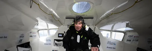 French skipper Jean Le Cam sails his Imoca monohull "Tout commence en Finistere-Armor Lux", off Port-La-Foret, western France, a few months prior to take the start of the Vendee Globe around-the-world solo sailing race, on April 15, 2024. (Photo by LOIC VENANCE / AFP)