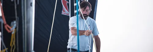 CAEN, FRANCE - SEPTEMBER 3, 2024 : Fives Group - Lantana Environnement skipper Louis Duc (FRA) is pictured on September 3, 2024 off Caen, France - Photo by Armel Vrac