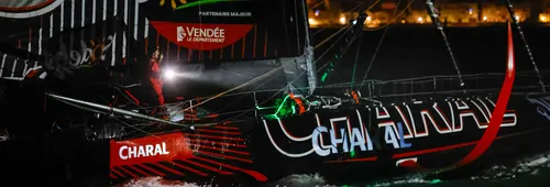 LES SABLES D'OLONNE, FRANCE - JANUARY 24, 2025 : Charal skipper Jérémie Beyou (FRA) is photographed crossing the line to take 4th place in the Vendee Globe, on January 24, 2025 in Les Sables d'Olonne, France - (Photo by Anne Beauge / Alea)